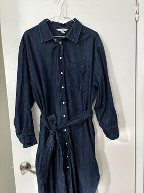 H&M Dark Wash Denim Shirt Dress | Belted Button Front | Size L